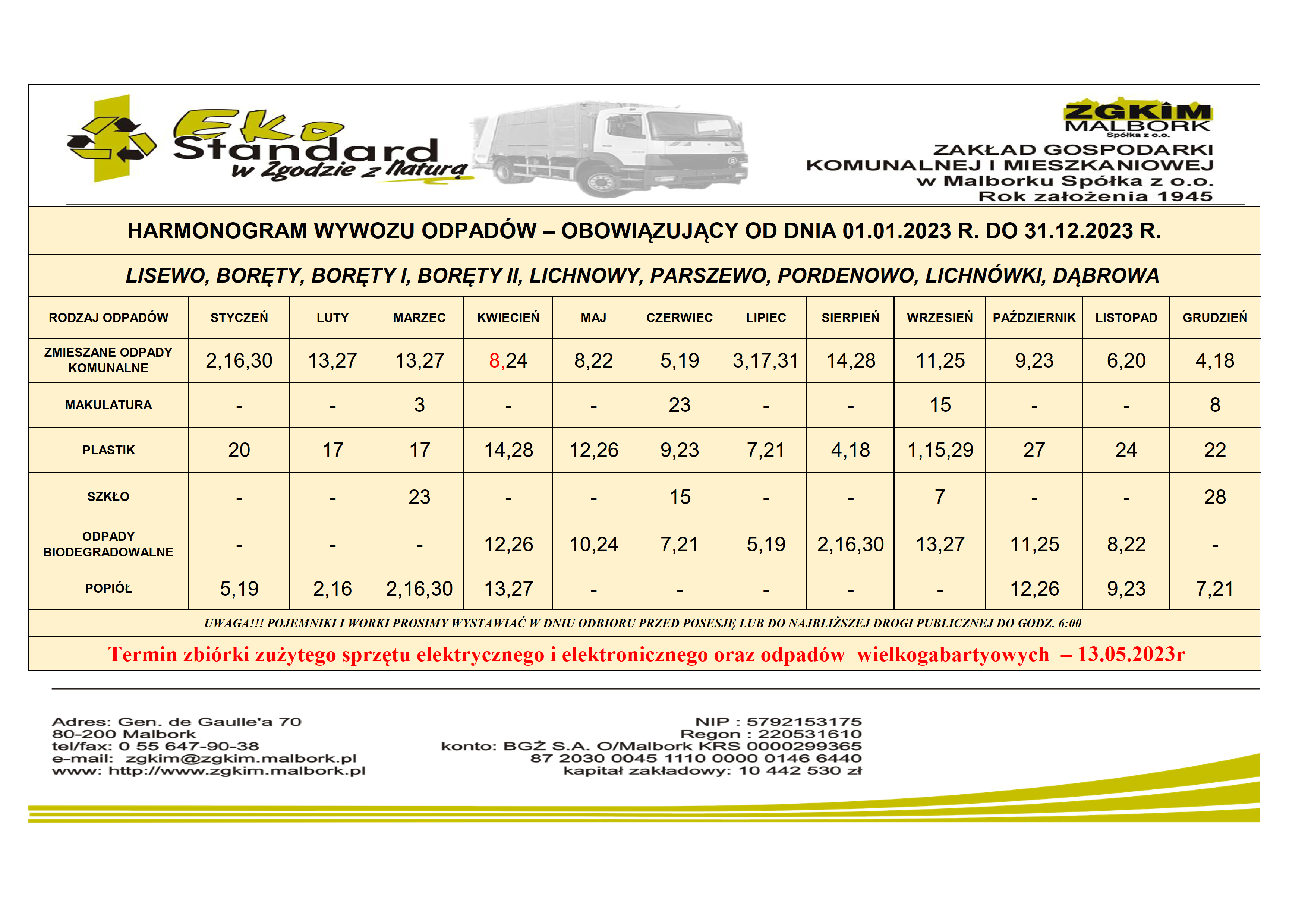 Harmonogram wywozu odpadów