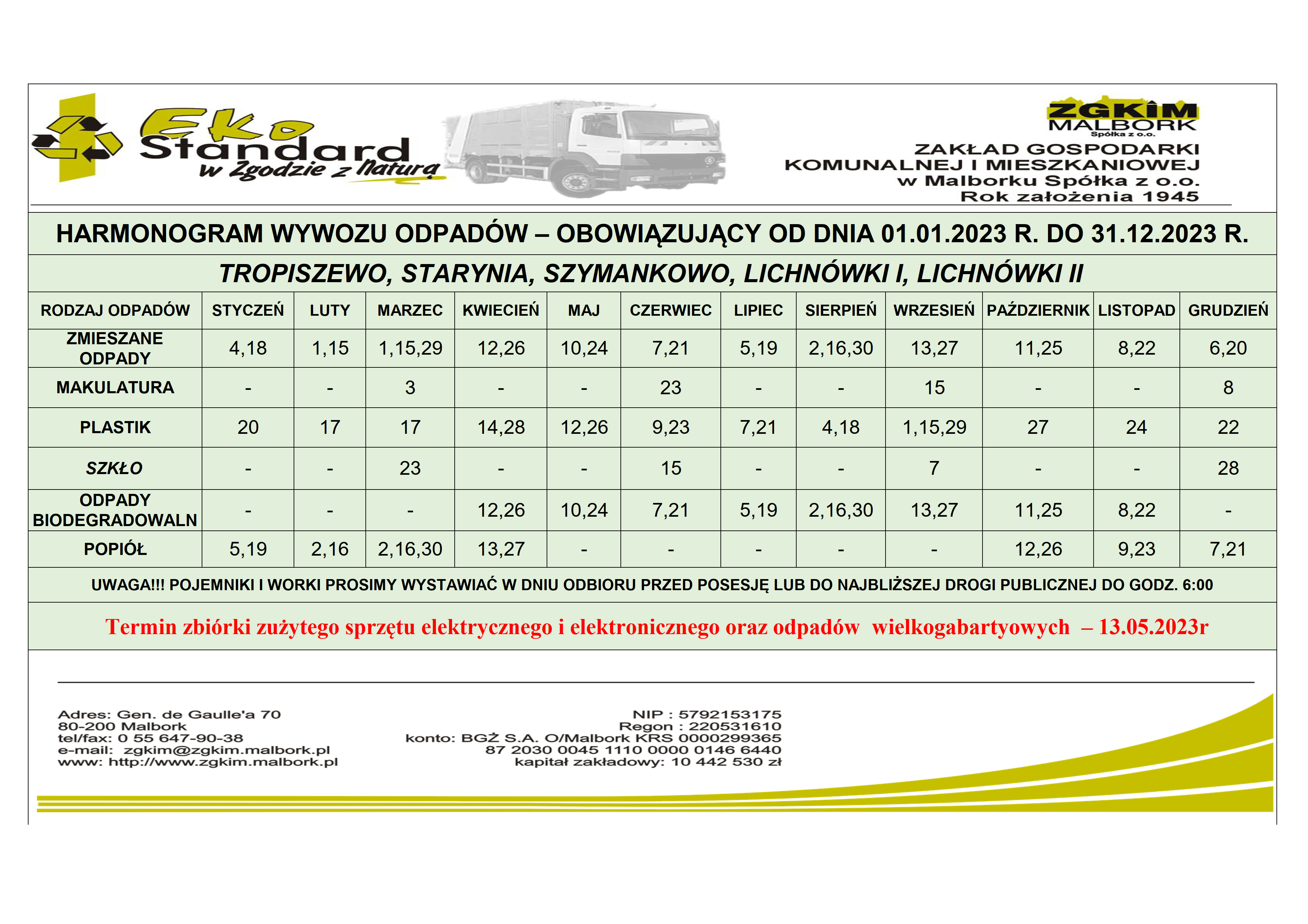 Harmonogram wywozu odpadów